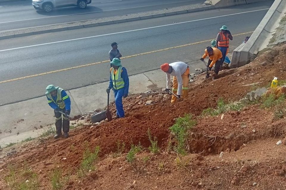 Crew excavating alongside a carriageway with hand tools